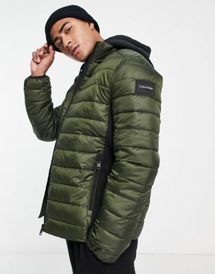 Calvin Klein polyester lightweight hooded puffer jacket in dark green