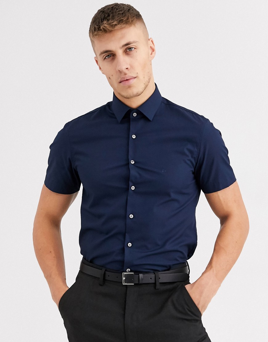 Calvin Klein poplin stretch slim short sleeve shirt-Blue