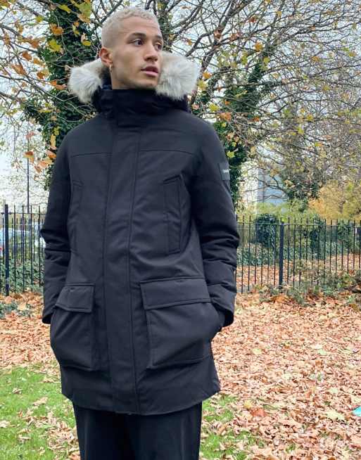 Calvin Klein premium canvas faux fur hood parka in black ASOS