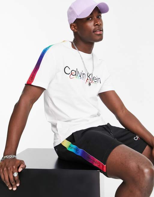 Calvin Klein Pride rainbow logo taping T shirt in white ASOS