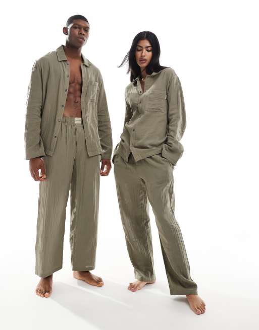 calvin buty klein pure textured sleep shirt and trouser set in khaki