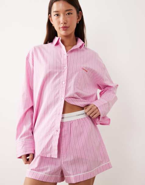 Calvin Klein pyjama shirt and shorts set in pink stripe - view 1