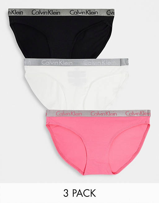 Calvin Klein Radiant Core 3 pack bikini shape briefs in black white and pink
