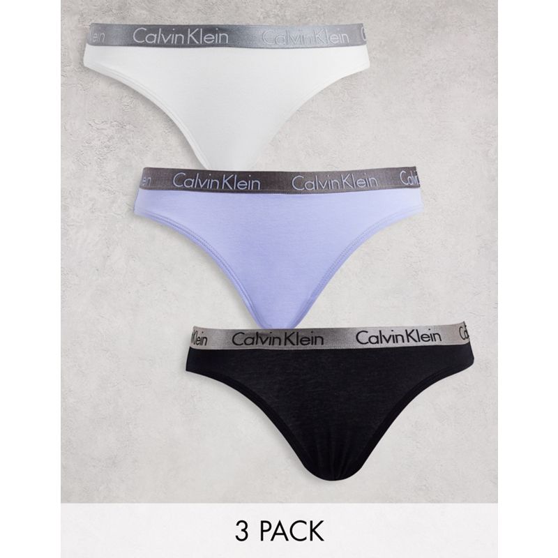  0GJnb Calvin Klein - Radiant Cotton - Confezione da 3 paia di slip nero, bianco e blu con fascia in vita metallizzata con logo