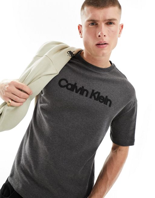 Calvin Klein Men's Relaxed Fit CK Logo Terry Raglan Tee, Beige Heather