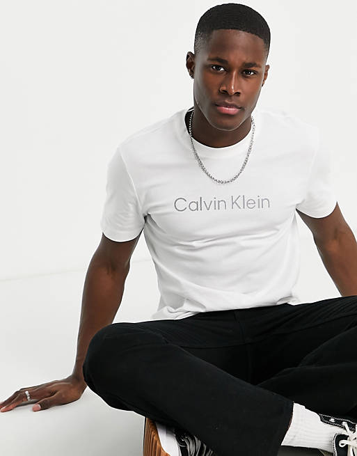 Calvin Klein raised striped logo t-shirt in white | ASOS