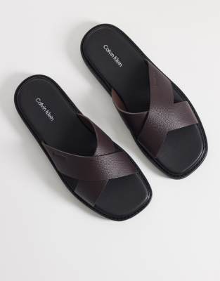 Calvin Klein Real Leather Cross Strap Sandals In Burgundy