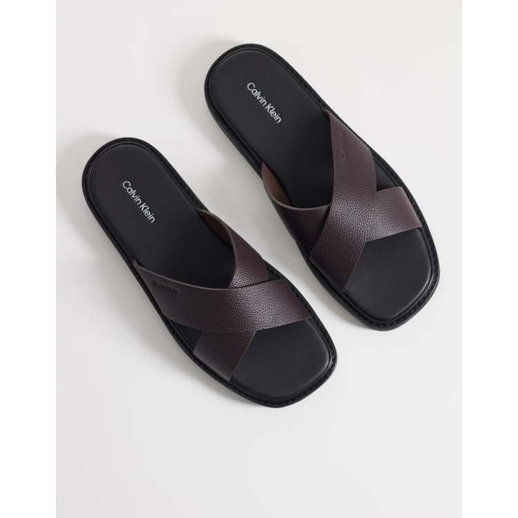 Calvin Klein real leather cross strap sandals in burgundy | ASOS