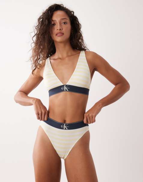Calvin Klein - Reggiseno a triangolo giallo a righe leggermente foderato con logo grafico - view 1