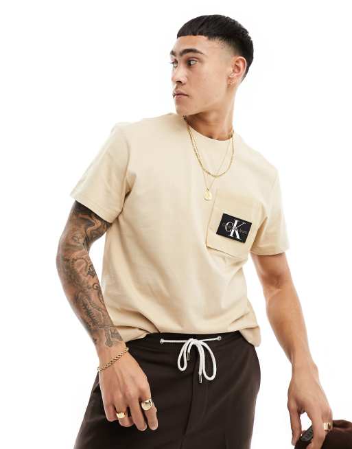 Calvin Klein Relaxed Material Mix T-shirt in beige