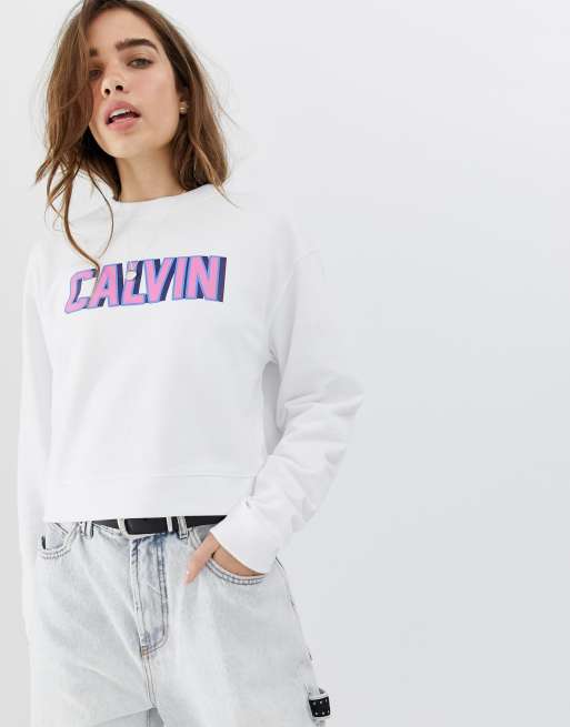 Calvin klein retro on sale logo cropped sweatshirt