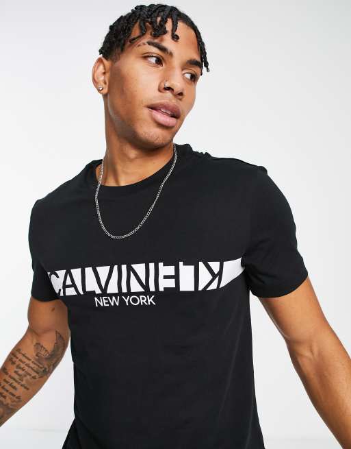 Calvin Klein text reverse chest logo T-shirt in black, ASOS