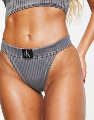 Calvin Klein rib high rise bikini bottom in grey - ASOS Price Checker