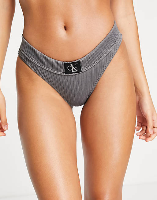 Calvin Klein rib high waist bikini bottom in black