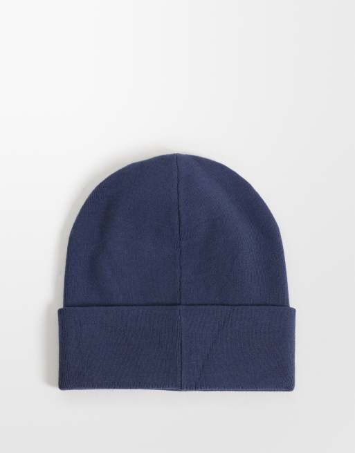 Calvin Klein rib knit beanie with fine logo in blue, 2 of 3
