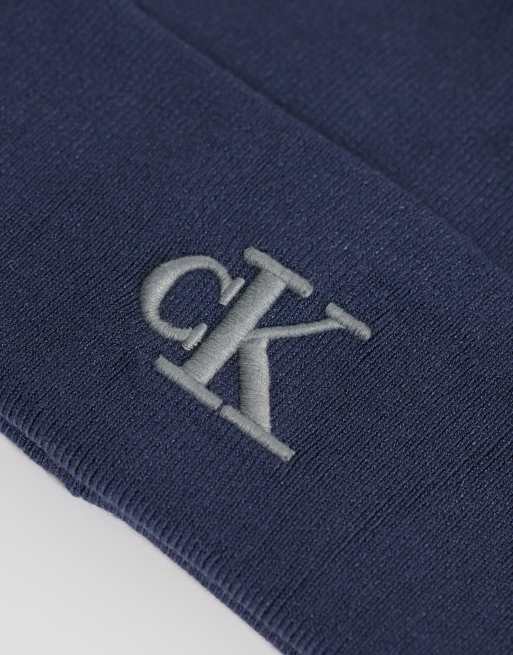 Calvin Klein rib knit beanie with fine logo in blue, 3 of 3