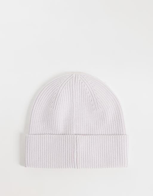 Calvin Klein rib knit beanie with square emblem in lilac gray, 2 of 3