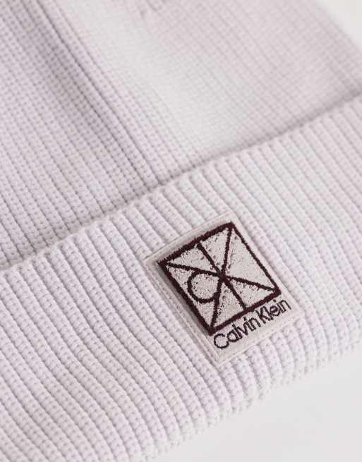 Calvin Klein rib knit beanie with square emblem in lilac gray, 3 of 3