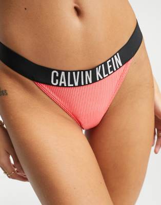 Calvin Klein Rib Logo High Leg Bikini Bottom In Red