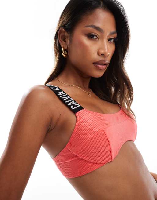 Calvin Klein rib triangle logo bikini top in red ASOS