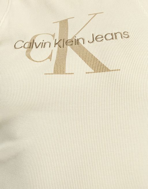 Calvin Klein ribbed tank logo mini dress in beige