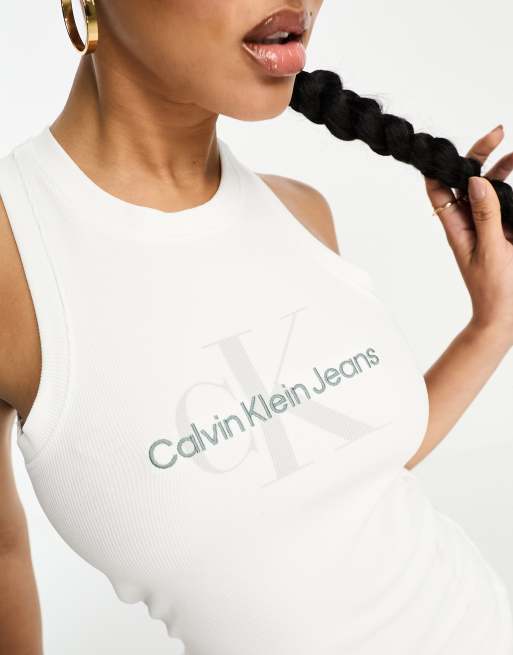 Calvin Klein ribbed tank mini dress with logo detail in white, 3 of 4