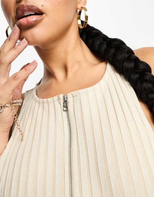 Calvin Klein ribbed zip front mini dress in beige | ASOS