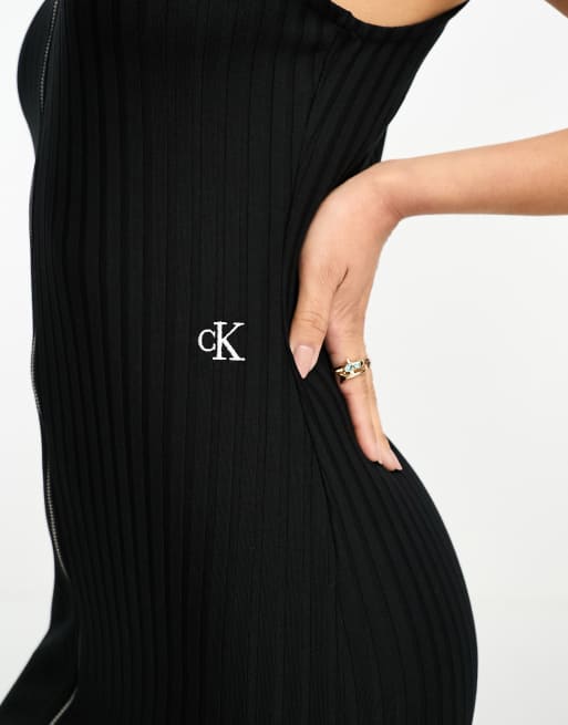 Calvin Klein - Robe courte et côtelée avec fermeture éclair à l'avant - Noir, 3 de 4