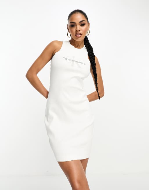 Calvin Klein Robe debardeur courte et cotelee a logo Blanc