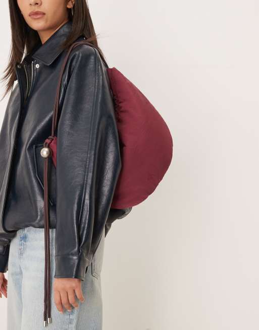 Calvin Klein - Sac demi-lune en nylon et velours côtelé - Bordeaux, 3 de 4
