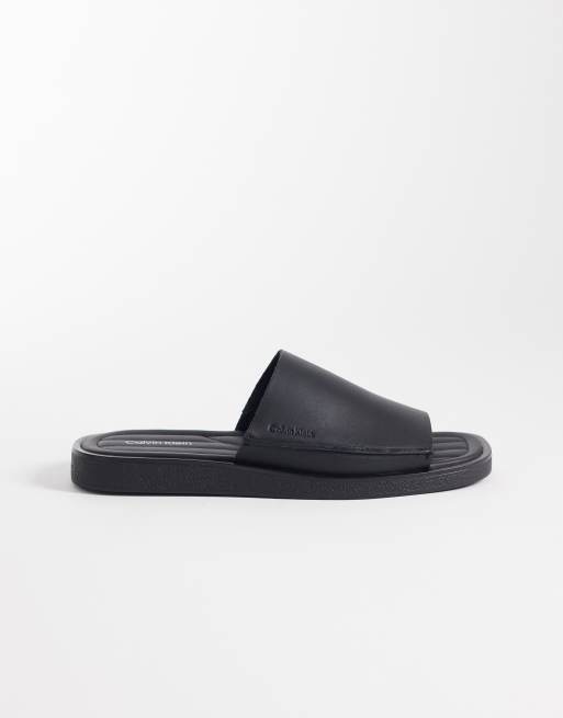 Calvin Klein sandali slide in pelle con logo impresso nero, 3 di 4