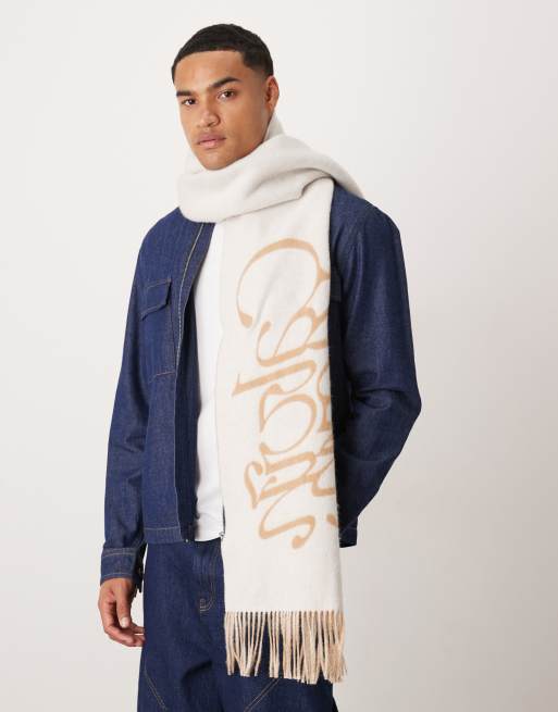 Calvin Klein – Schal aus Wolle in Beige mit Logoschriftzug
