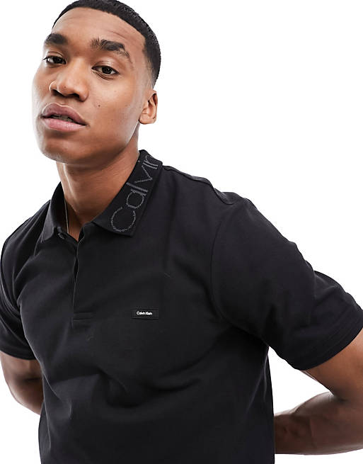 Calvin Klein – Schwarzes Stretch-Poloshirt aus Piqué mit Logo-Kragen | ASOS