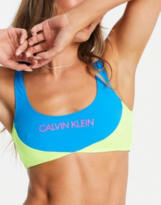 Calvin Klein scoop neck bikini top in blue and yellow