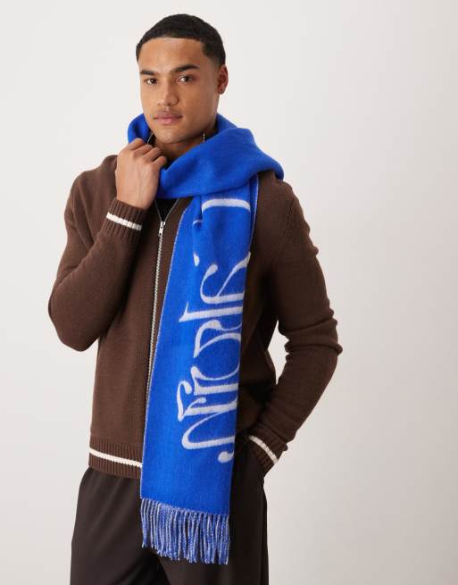 Calvin Klein script logo wool scarf in white and blue ASOS