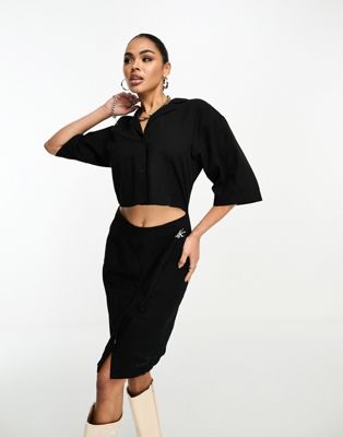 Calvin Klein seersucker boxy mini shirt dress with midriff cut out in black