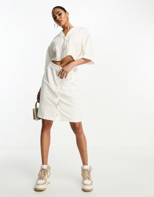 Calvin Klein seersucker boxy mini shirt dress with midriff cut out in white