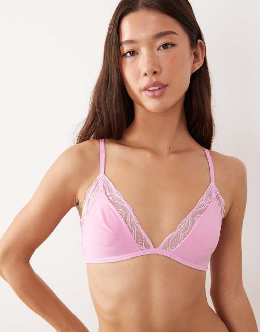 Calvin Klein – Różowy koronkowy zestaw bielizny z elastycznej dzianiny: biustonosz z trójkątnymi miseczkami i stringi, 3 z 3