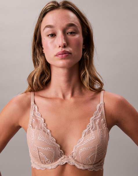 Calvin Klein Sensual Stretch lightly lined plunge lace bra in beige - view 1