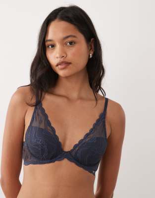Calvin Klein Sensual Stretch Lightly Lined Plunge Lace Bra In Blue