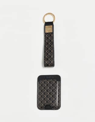 Calvin Klein - Set in Schwarz mit All-over-Logoprint, bestehend aus Schlüsselanhänger und Kartenetui