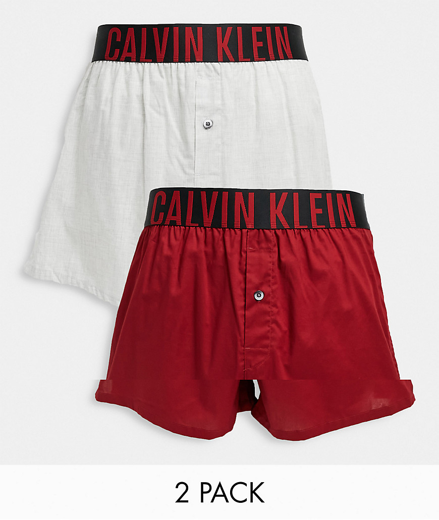 Calvin Klein - Set van 2 geweven boxershorts in bordeauxrood/grijs-Meerkleurig