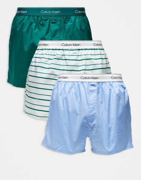 Calvin Klein - Set van 3 geweven boxershorts in blauw/groen/strepen - view 1