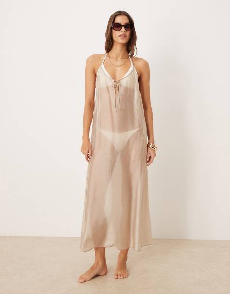 Calvin Klein sheer midi dress in tan - view 1