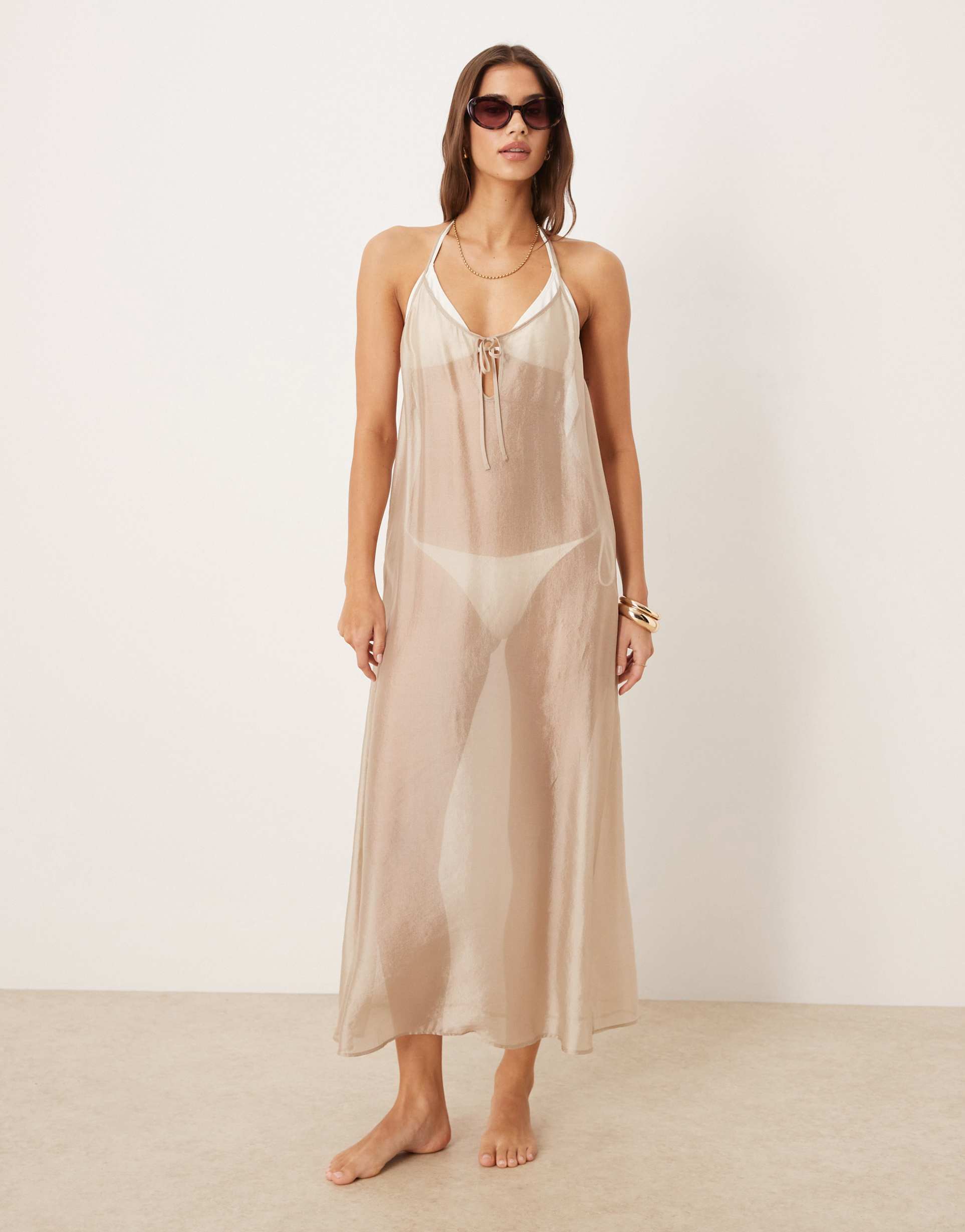 calvin klein sheer midi dress in tan