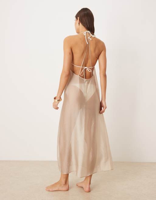 Calvin Klein sheer midi dress in tan, 2 of 4