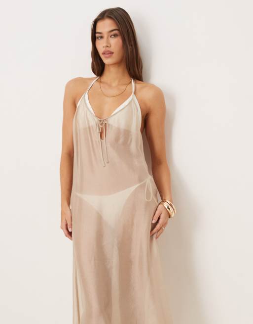 Calvin Klein sheer midi dress in tan, 3 of 4