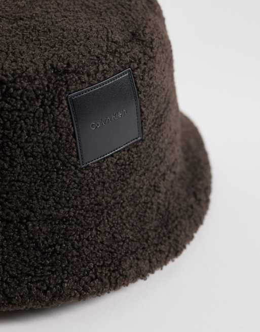 Calvin Klein sherpa bucket hat with patch logo in chocolate brown, 2 of 3