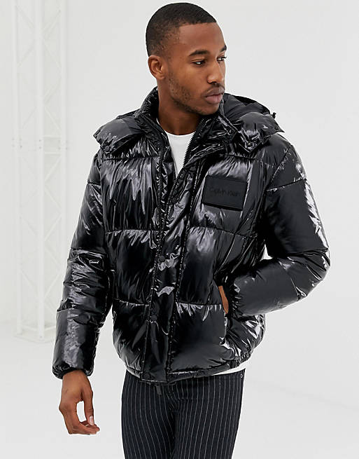 Calvin Klein shiny detachable hood puffer jacket in black | ASOS