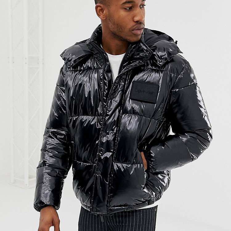 Calvin Klein shiny detachable hood puffer jacket in black | ASOS
